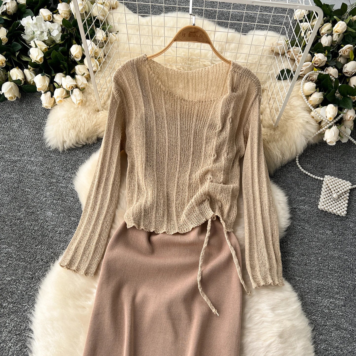 French Vintage Shirring lool sleeve slip knit overcoat with sweet slip A-line Chic Casual Vacation Women Summer dresses