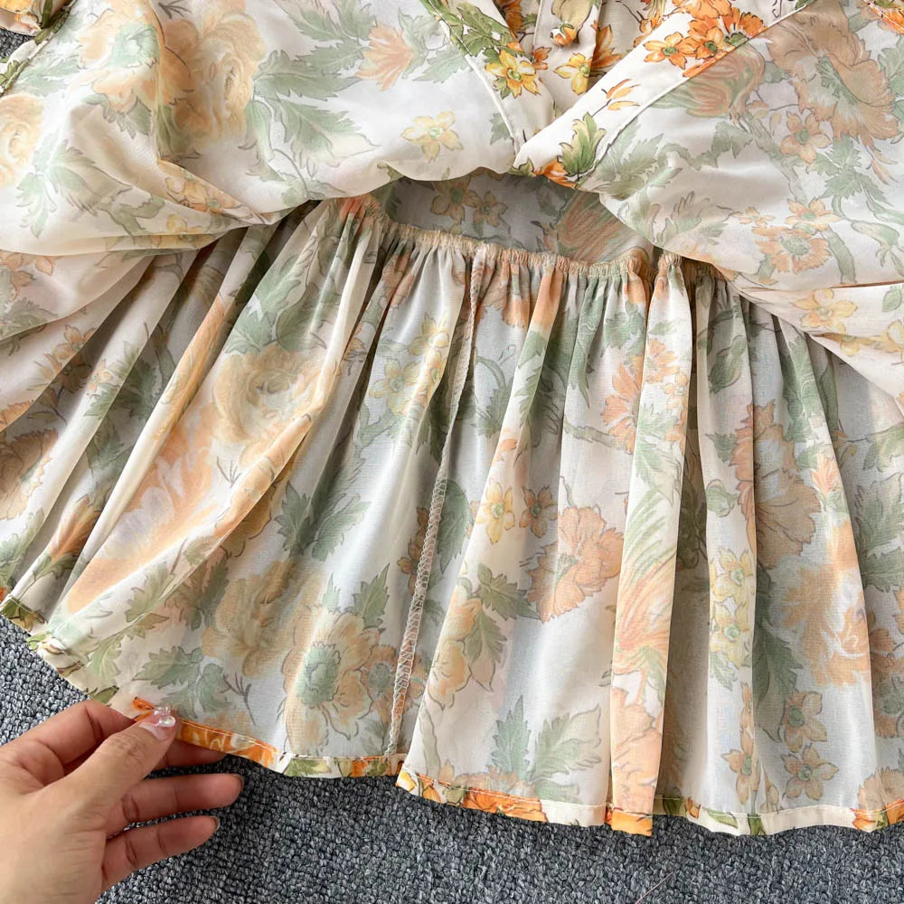 Elegant Party Dresses For Women Stand Collar Vintage Floral Print Dress Long Sleeve Holiday Beach Chiffon Mini Dress With Belt
