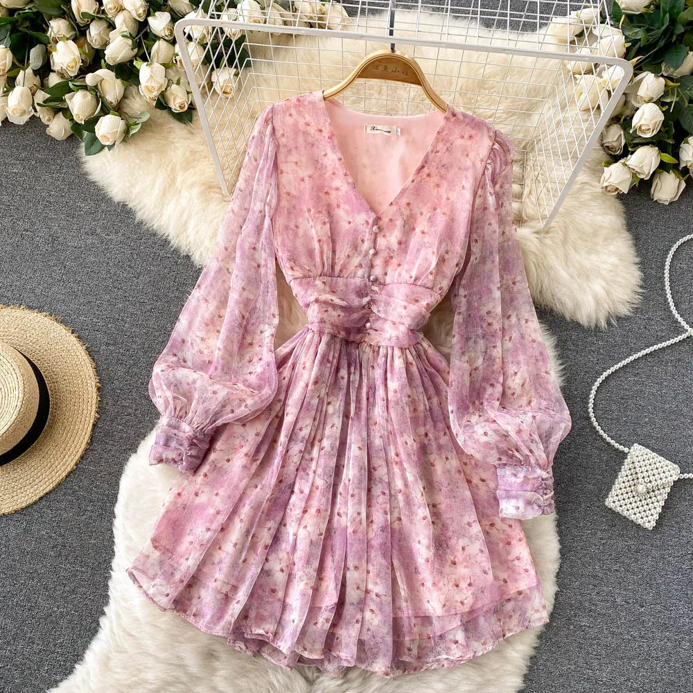 Vintage Floral Print Pleated Elegant Puff Sleeve Dress A-line Chiffon Beach Vacation casual Dress Women Summer Spring Vestidos