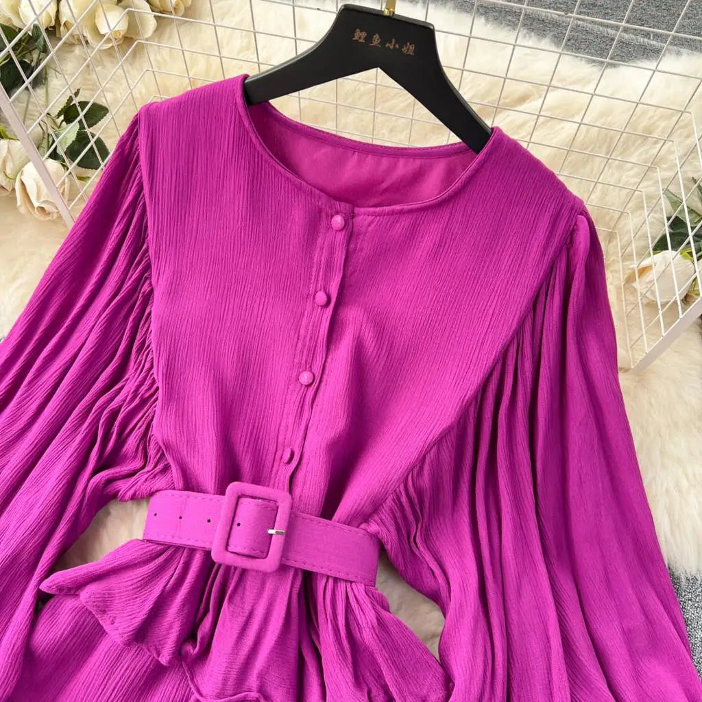 Vintage Puff Sleeve Ruffle Dress Women O-Neck A-Line Elegant Casual Party Prom Dresses Korean Autumn Fashion Female Vestidos New