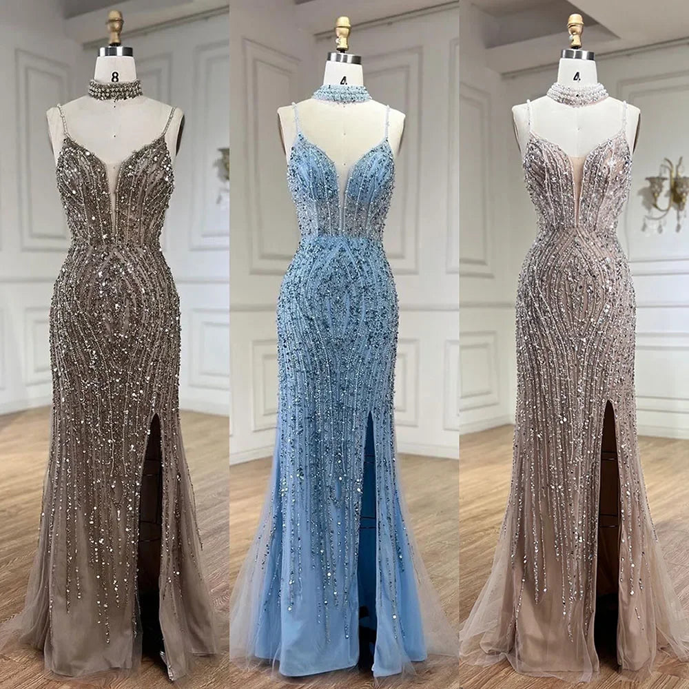 SERENE HILL 2024 Silver Nude Mermaid Spaghetti Straps Beaded Feathers Split Evening Dresses Long Gowns For Woman Party GLA72047B