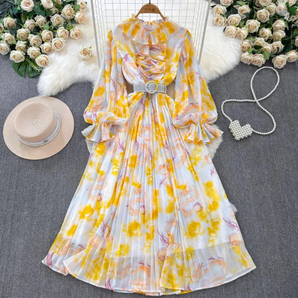 Summer Vintage Casual A-Line Floral Print Women Dress Elegant Chic Pleated Party Prom Vestidos with Belted Female Long Robe