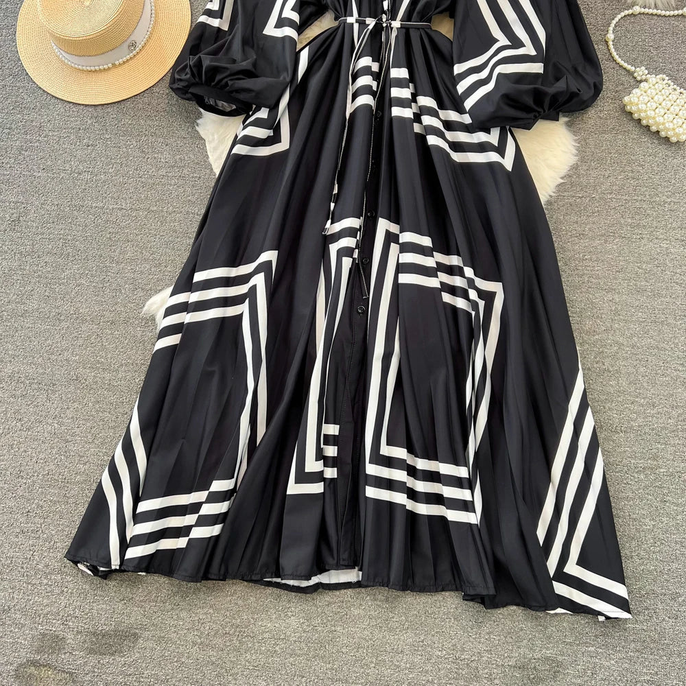 Elegant Women Casual Floral Print Party Dress Vintage Lantern Sleeve A-Line Pleated Prom Birthday Clothes Female Fashion Robe