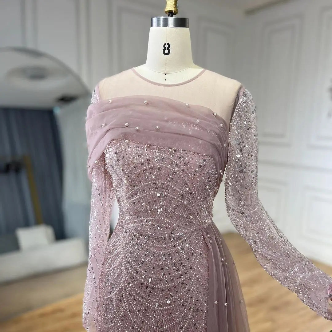 SERENE HILL 2024 Dubai Arabic Nude Mermaid Luxury Beaded Evening Dresses Gowns With Overskirt For Women Wedding Party GLA72254A