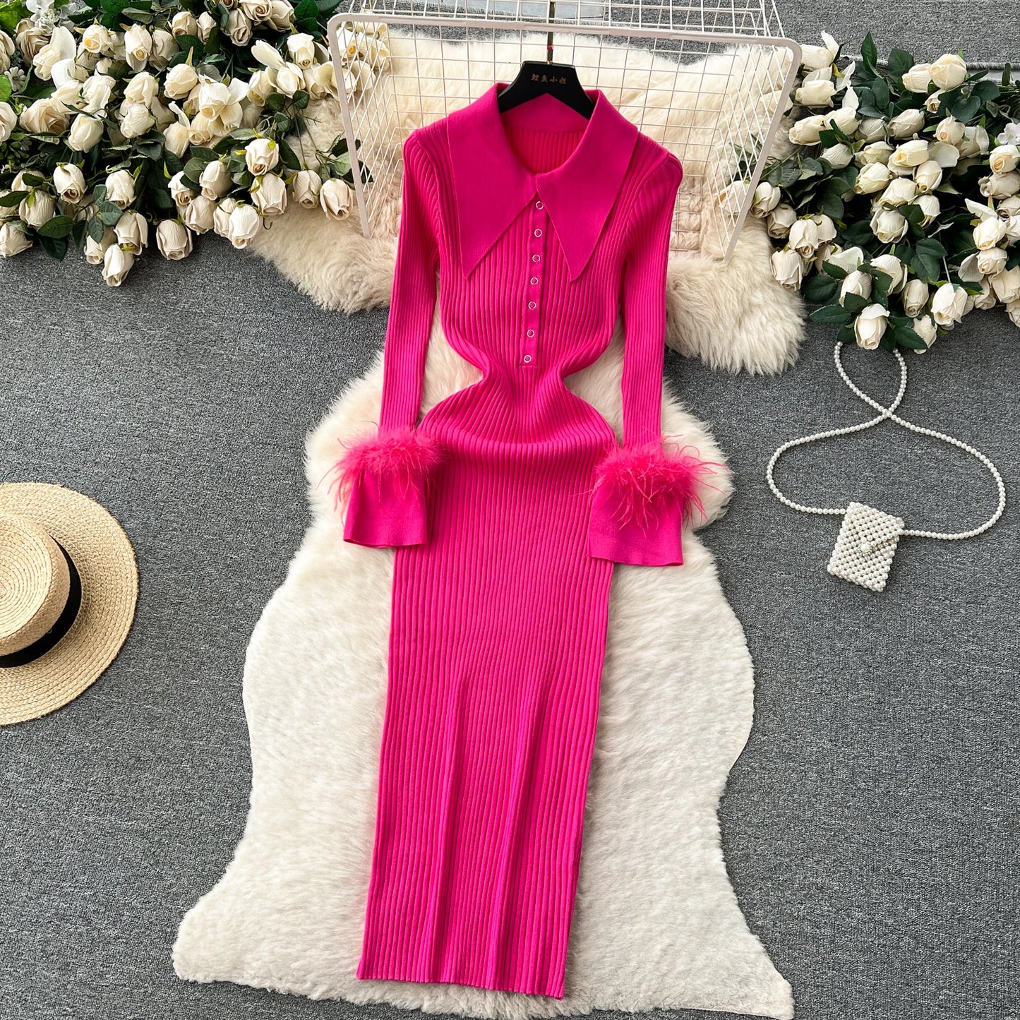 Elegant Turn-down Collar Feather Long Sleeve Knit Bodycon Pencil Dress Slim Fashion Sweater Vestido Sexy Women Winter Clothing
