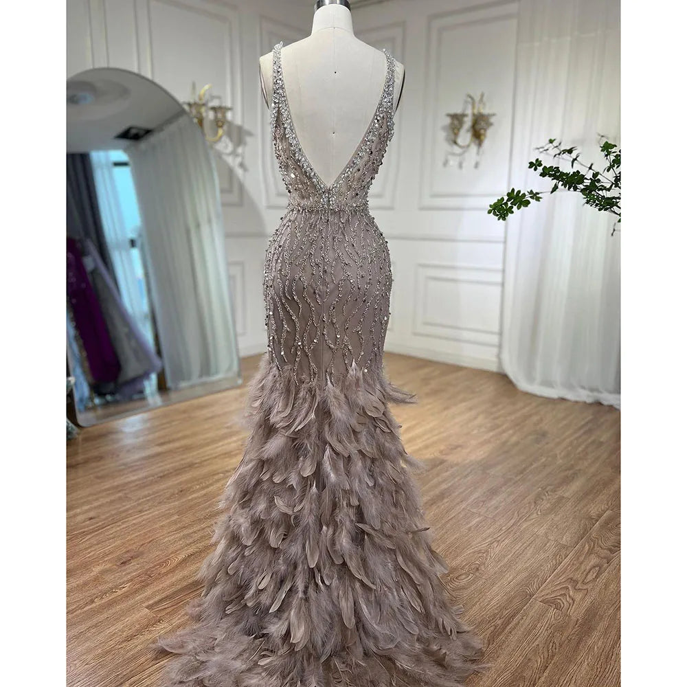 Serene Hill Pink Mermaid High Split Luxury Evening Dresses Feather Beaded Gowns Long 2024 For Women Wedding Party LA72152
