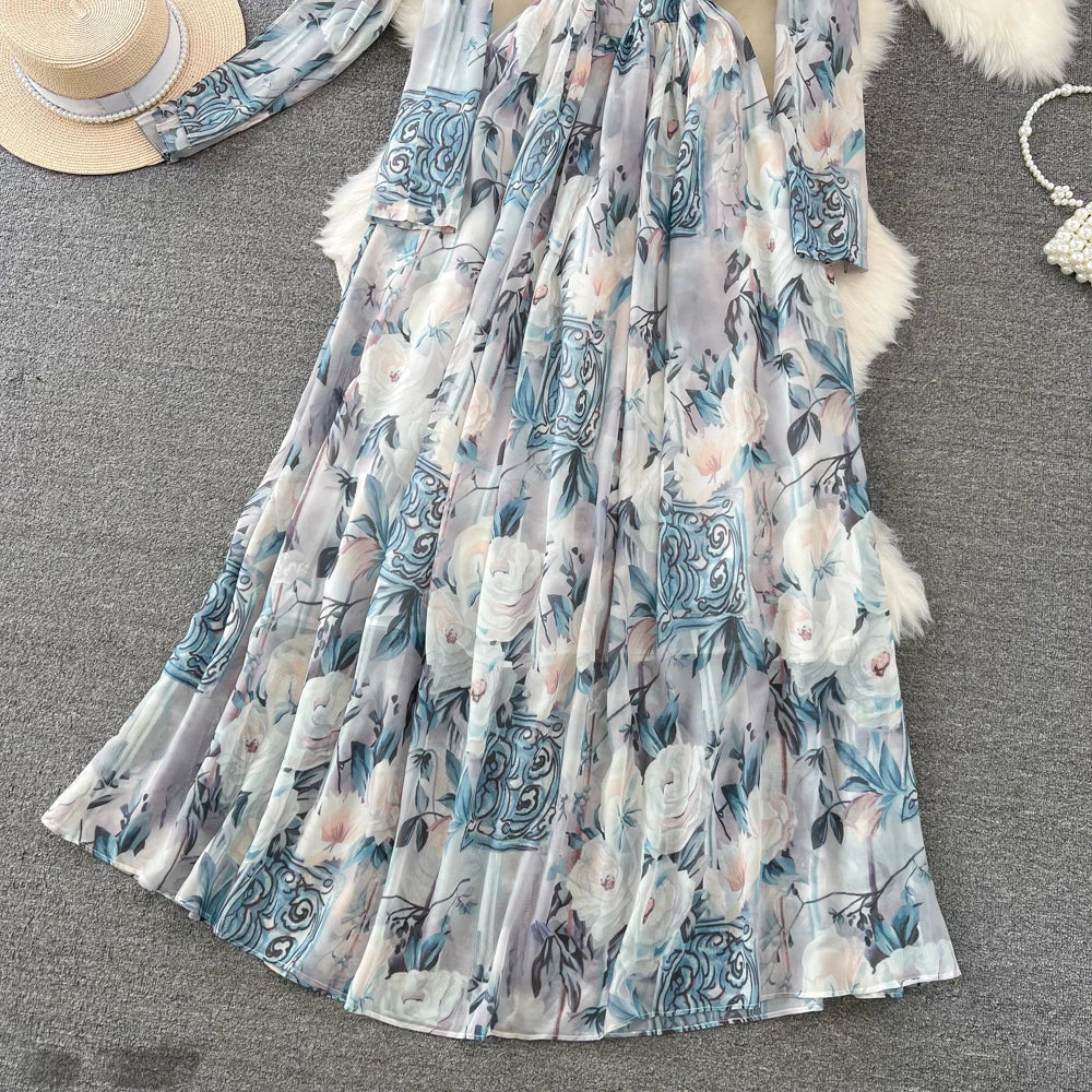 Elegant Chic A-Line Women Autumn Dress Long Sleeve Casual Floral Print Vintage Beach Holiday Vestidos Female Lace-up Robe Mujers