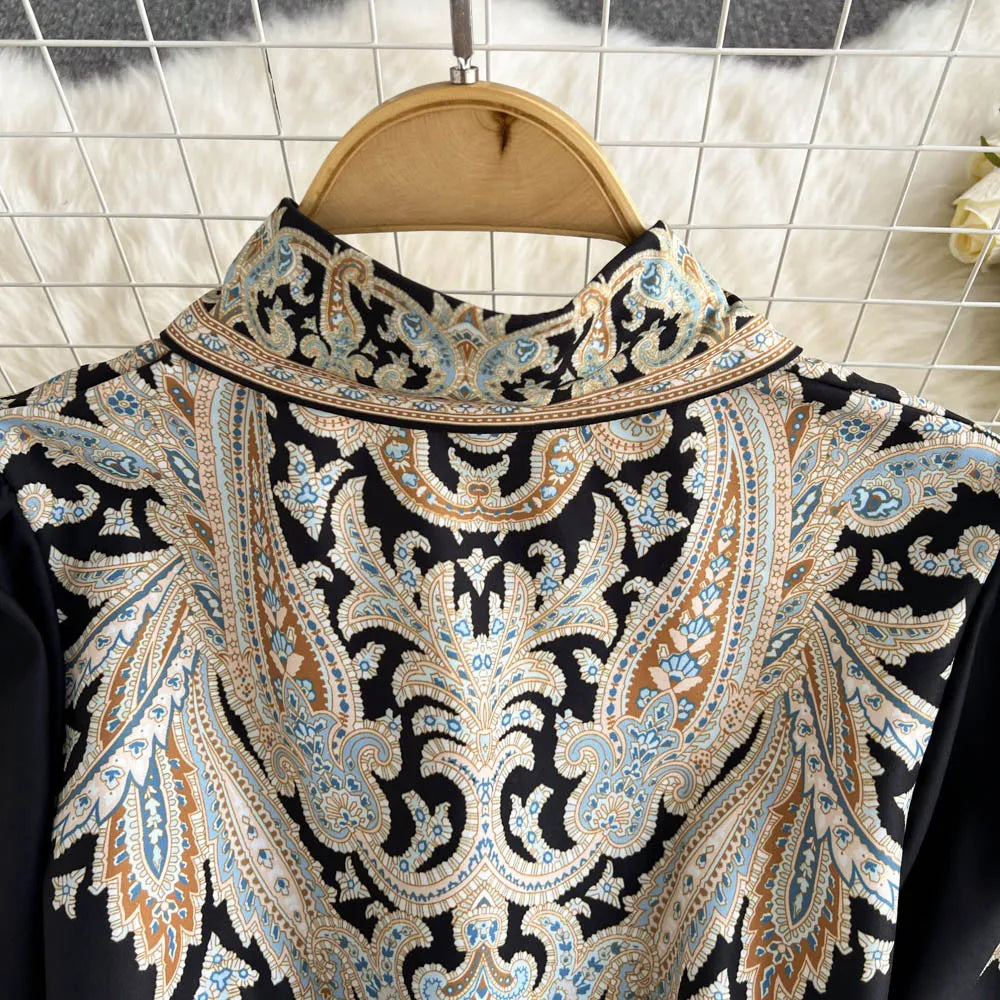 Retro Printed Party Dress Women Polo Collar Long Sleeve Elegant Long Dresses Spring Autumn French Single Breasted Shirt Dress