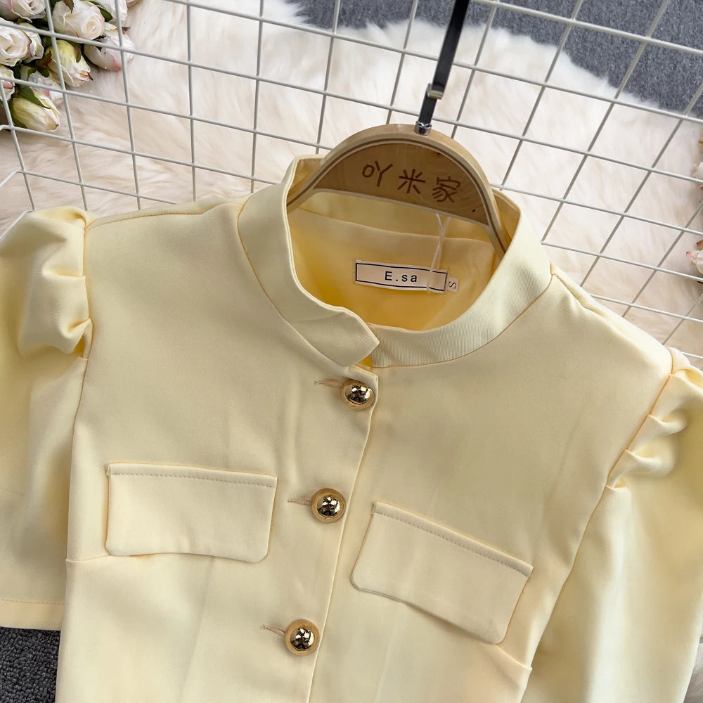 Chic Two Pieces Sets Sexy Single Breasted puff sleeve sweet blouse with Fashion basics A-line Skirt Vacation Sets