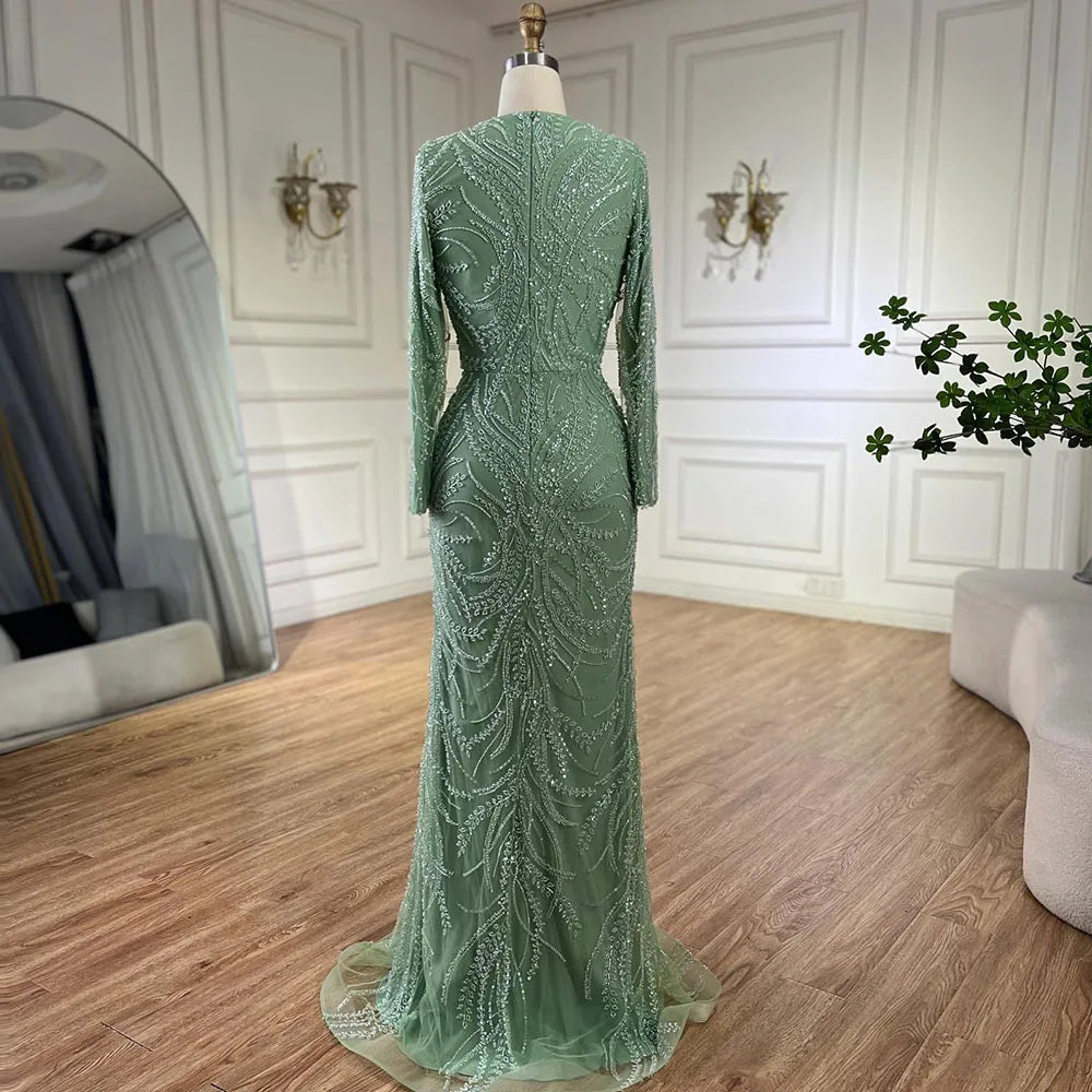Serene Hill 2024 muslim Sage Green Mermaid Cape Sleeves Beaded Satin Luxury Evening Dresses Gowns for Women Party LA72413