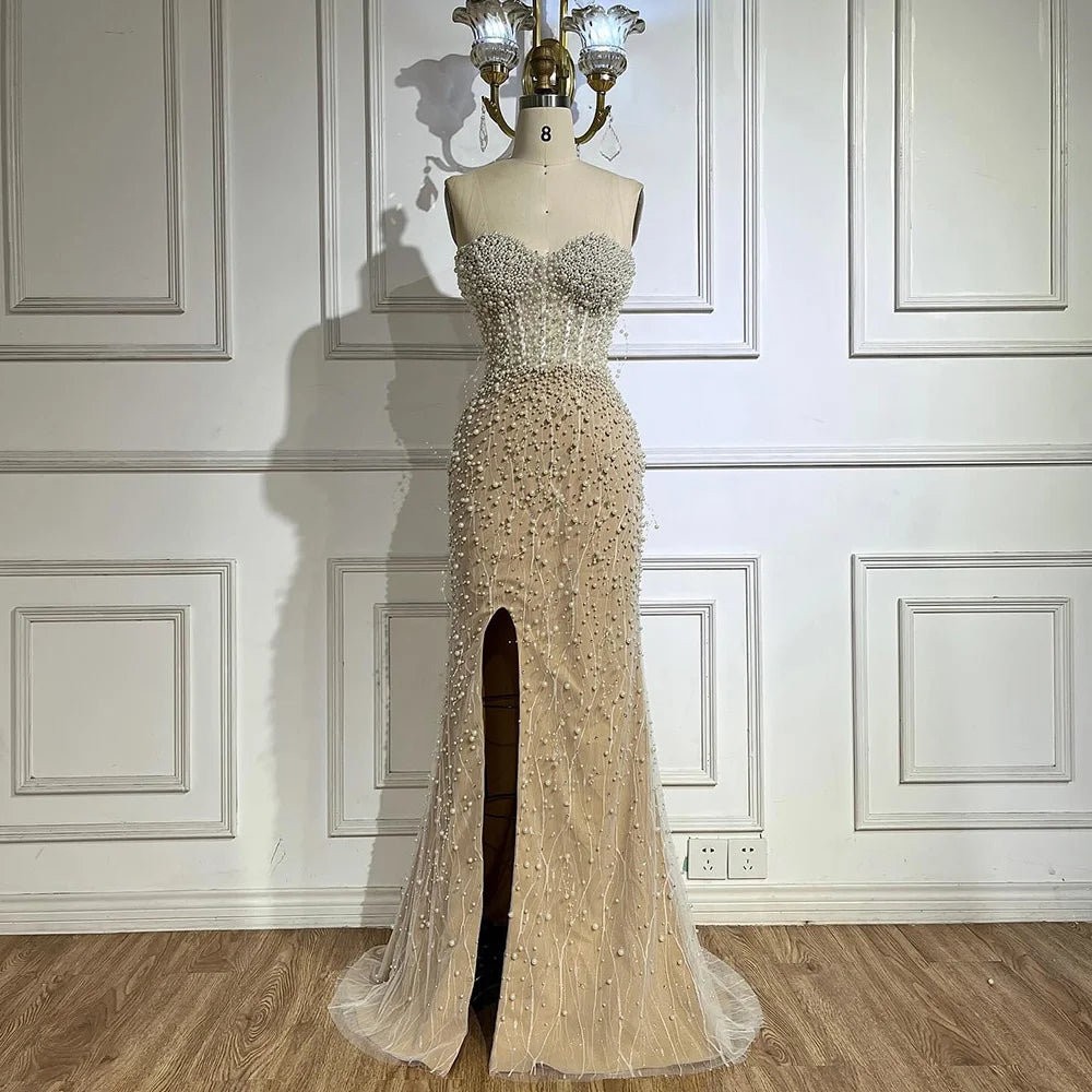 Serene Hill 2024 Arabic White Nude Mermaid Gown Pearls Beading High Split Luxury Dubai Evening Dress for Women's Party LA72544