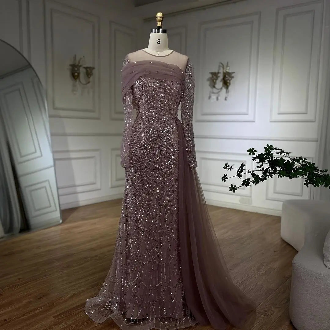 SERENE HILL 2024 Dubai Arabic Nude Mermaid Luxury Beaded Evening Dresses Gowns With Overskirt For Women Wedding Party GLA72254A