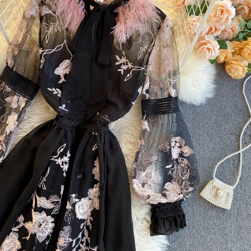 Retro Print Floral Embroidery Elegant Lace Up Dress A-line Long Sleeve Casual O-neck High Waist Dress Women Ceremonial Dress