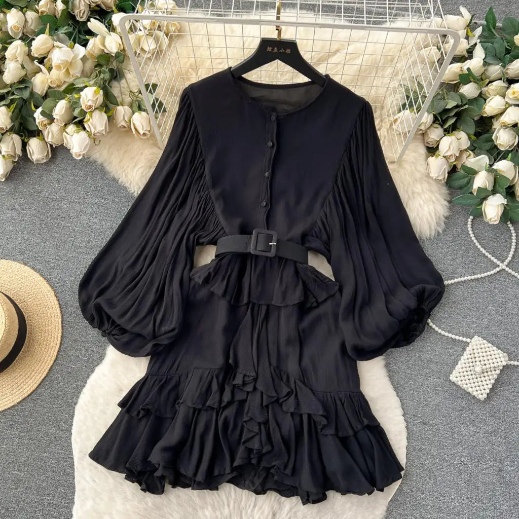Vintage Puff Sleeve Ruffle Dress Women O-Neck A-Line Elegant Casual Party Prom Dresses Korean Autumn Fashion Female Vestidos New