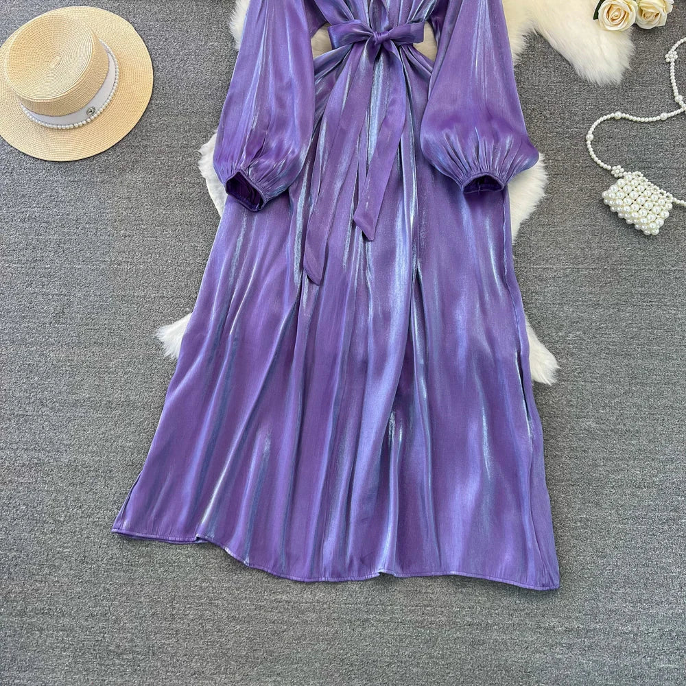 Autumn Elegant Women Fashion Party Long Dress Bow Lace Up Long Sleeve Evening Dresses A-Line Casual Vestidos One Piece Prom Robe