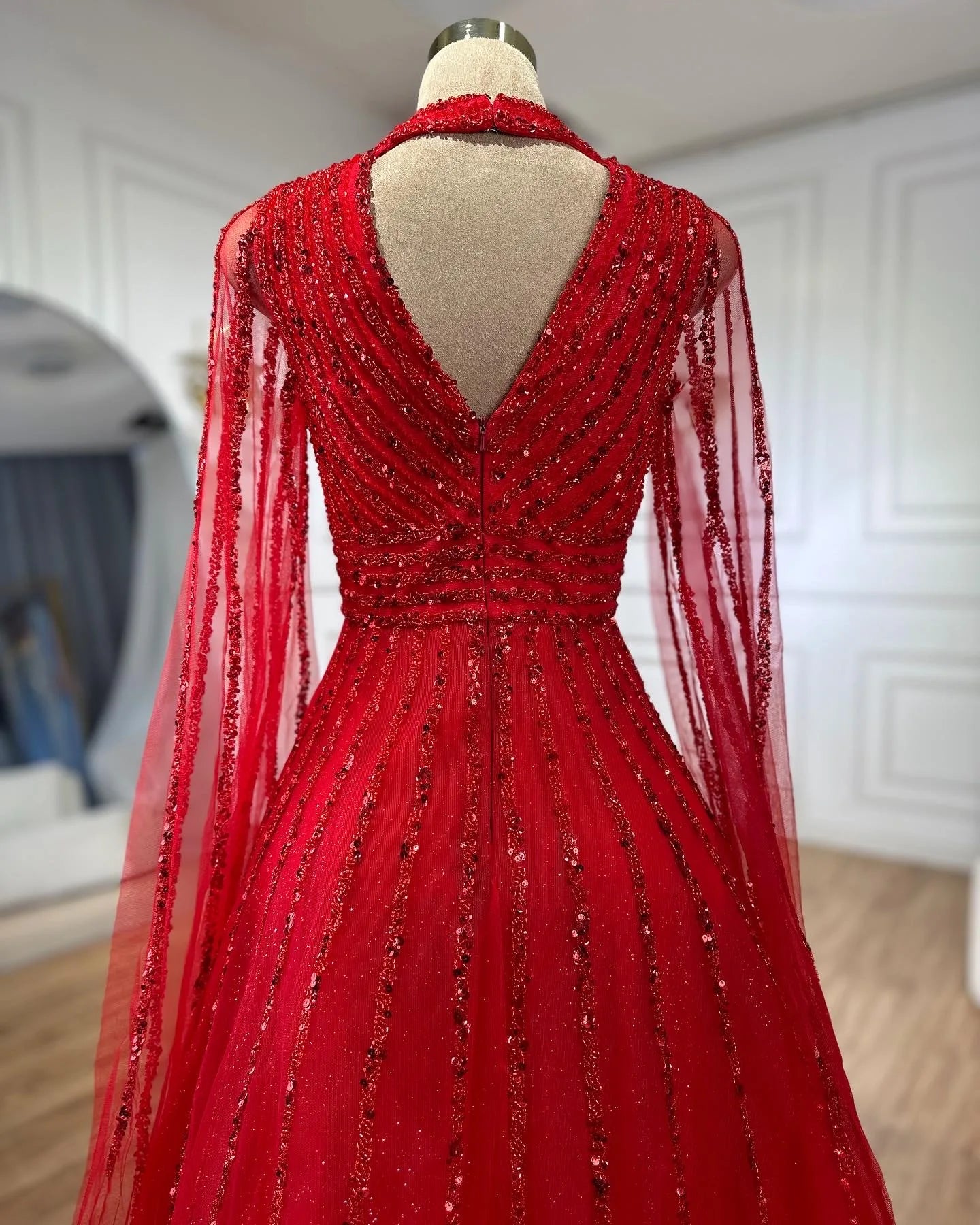 SERENE HILL 2024 Arabic Caramel A-Line Cape Sleeves Beaded Evening Dresses Luxury Gowns For Women Wedding Party GLA72171