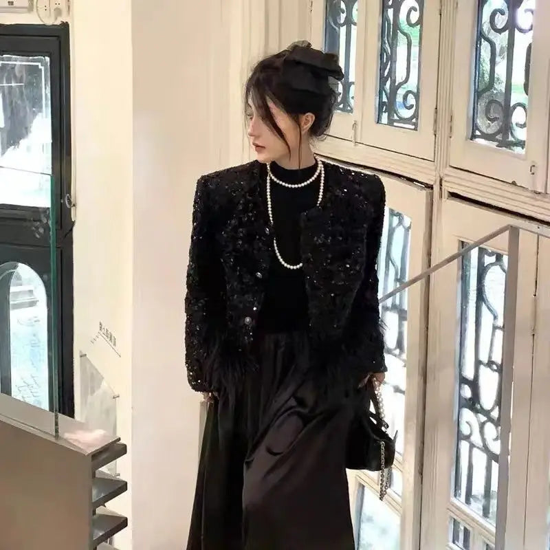 Women's Autumn and Winter Black Small Fragrance Coarse Tweed Elegant Short Coat French Heavy Industry Sequin Decorative Jackets