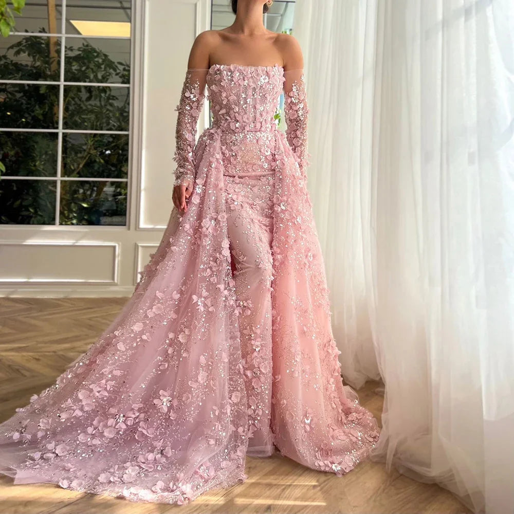 Serene Hill 2024 Pink Strapless Back Lace-Up Mermaid Evening Gown with Overskirt and Appliques for Women | Wedding Party LA72641