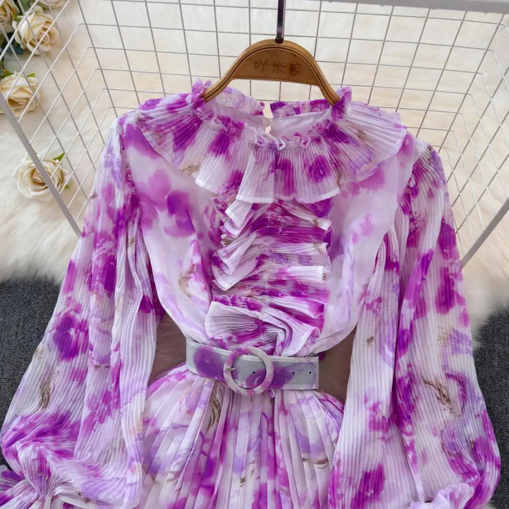 Summer Vintage Casual A-Line Floral Print Women Dress Elegant Chic Pleated Party Prom Vestidos with Belted Female Long Robe