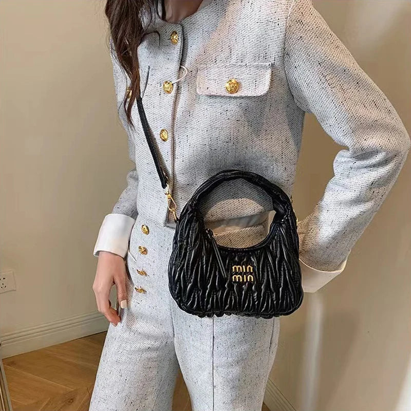 New Light Luxury Fashion Pleated Shoulder Bag Women's Bag Monogram Logo PU Design Versatile High-End Handbag Cross-Body Bag