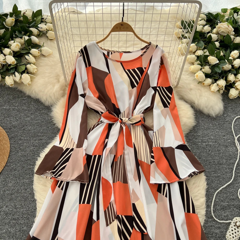 Women Vintage Print Dress for Women Autumn Flare Long Sleeves Lace Up Ruffles Slim Waist Evening Party Dresses A-Line Vestidos