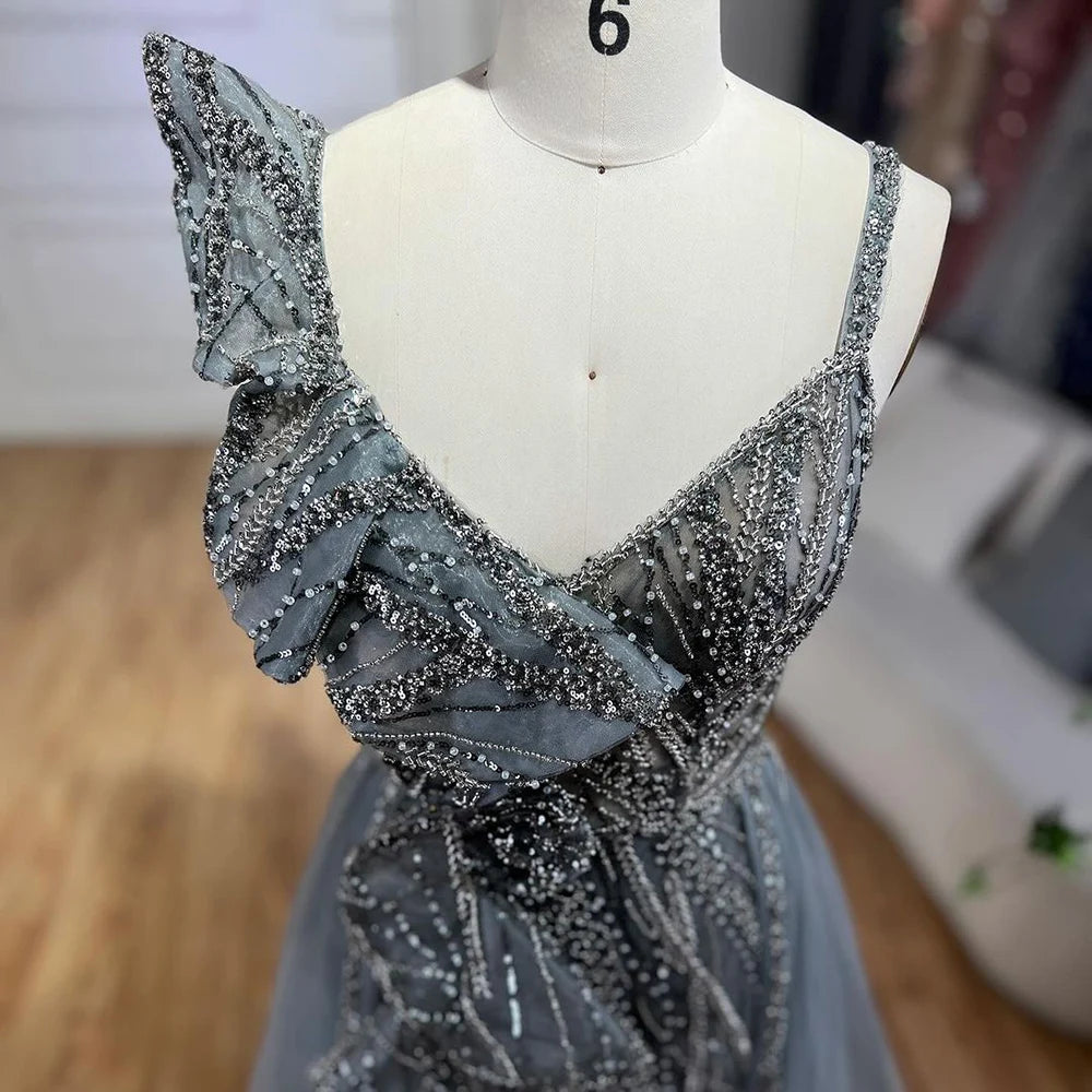 Serene Hill Golden Mermaid Evening Dress With Skirt - Women's Luxury Grey Beaded Spaghetti Strap Party 2024, LA72341