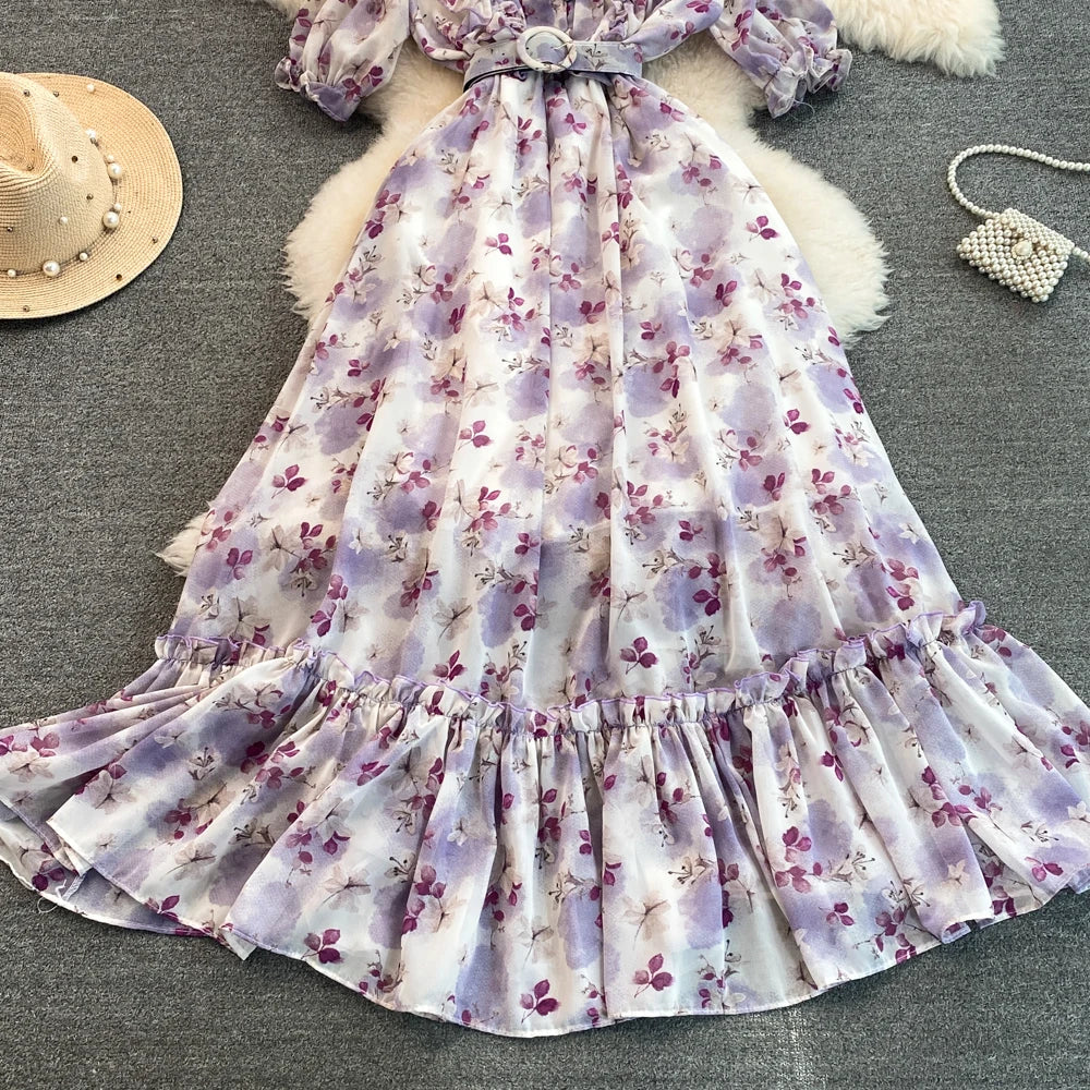Summer Women Fashion Floral Print Casual Midi Dress Short Sleeve A-Line Maxi Boho Holiday Clothes Female Long Robe Mujers New