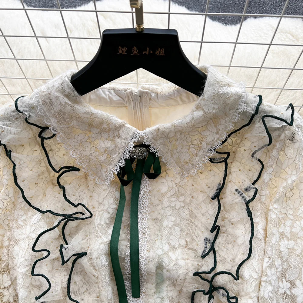 Winter Clothes Women Dresses Long Sleeve Lace Patchwork Textured Tweed Dress Ruffled Trim Lapel Collar Bow Elegant Mini Dress