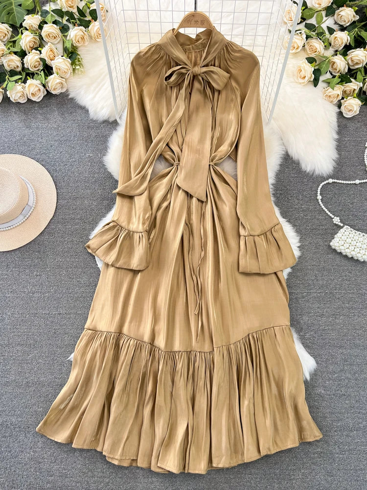 Elegant and Chic Solid Evening Dresses for Women Fashion New Bow Lace Up Flare Long Sleeve A-Line Vestidos Autumn Female Clothes