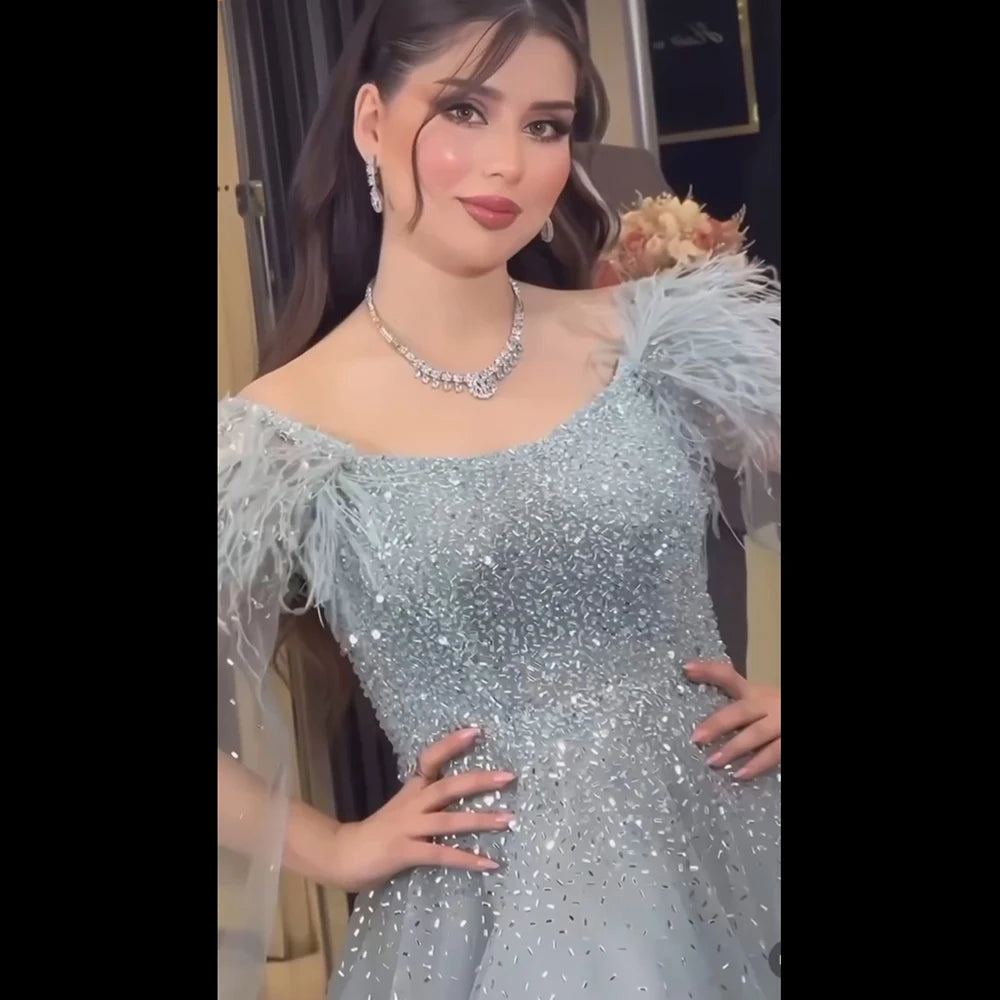 Serene Hill Arabic Blue A Line Feathers Cape Sleeves Beaded Luxury Saudi Evening Dresses Gowns for Formal Occasion 2024 LA71782A