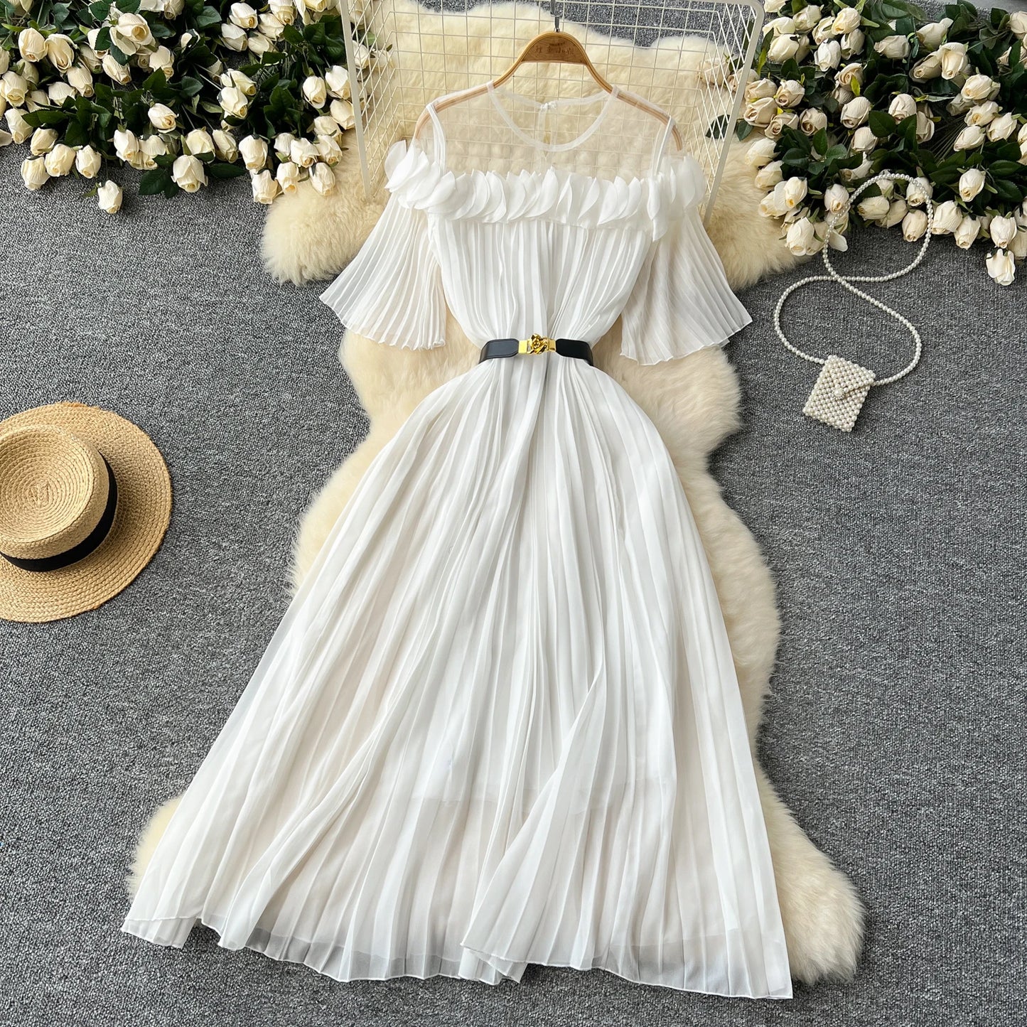 French mesh PATCHWORK Three-dimensional flower Sweet Dress Women Summer Waist Cinching pleated chiffon Dresses