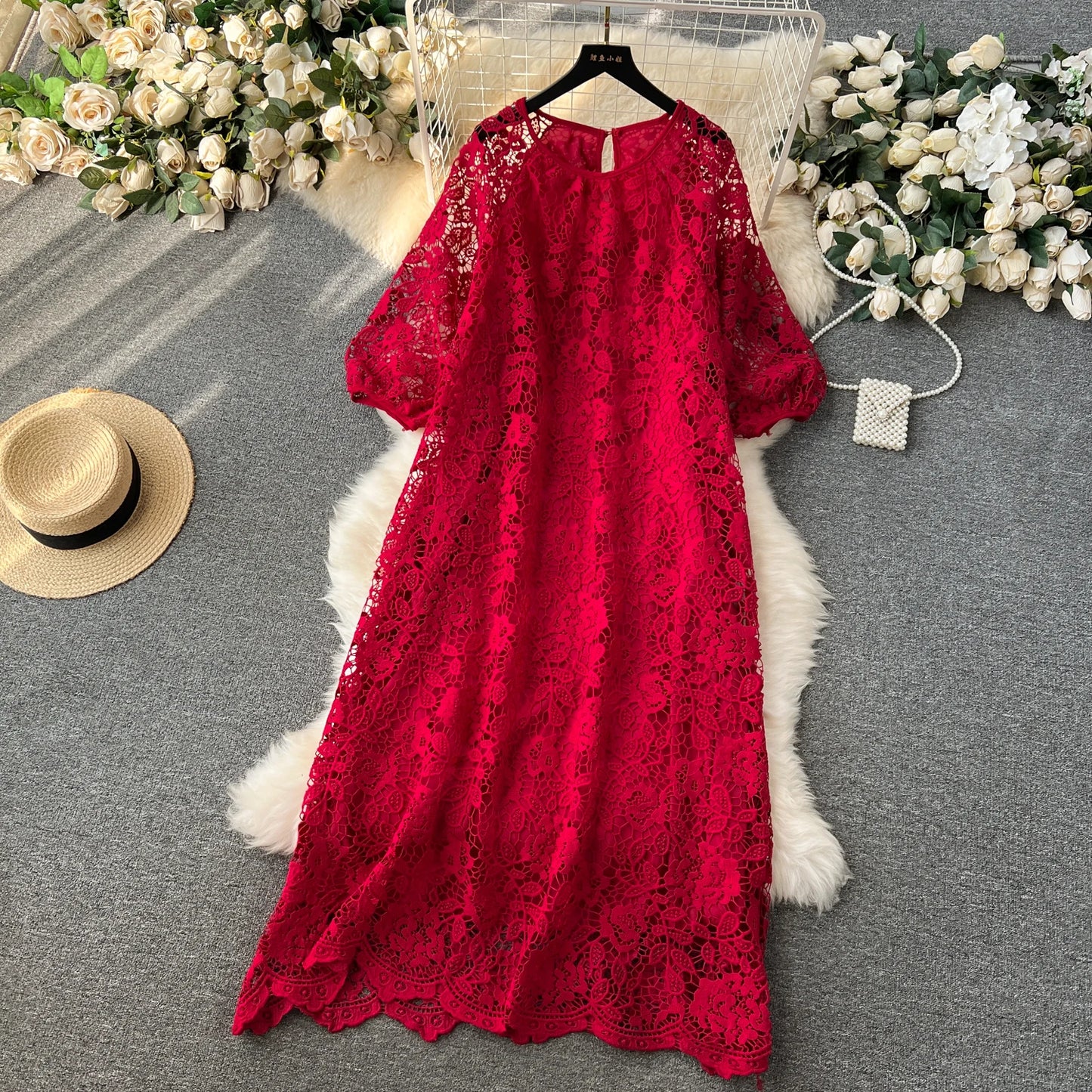 Chic Long Sleeve O Neck Lace Hook Flower Hollow Loose Dress Chiffon A-line Casual Dresses Fashion Women Elegant Vestidos