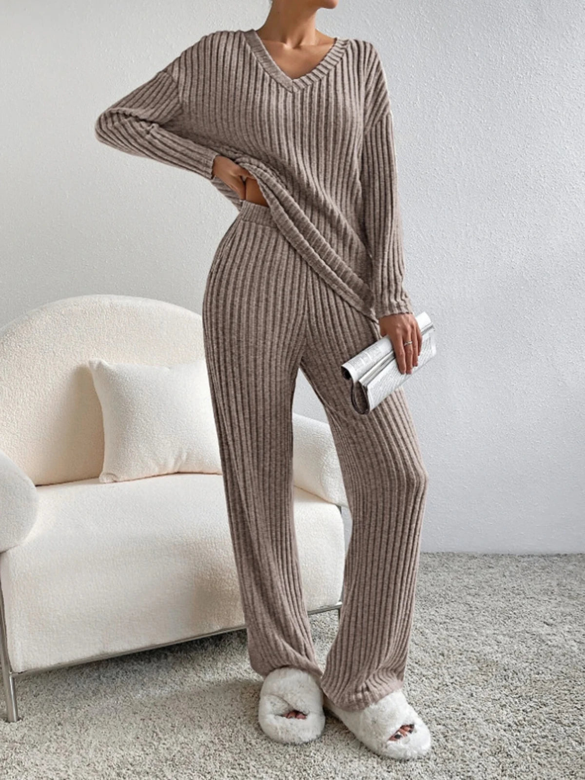 Pit striped Knitted Two Piece Set for Women Spring Solid Casual 2-piece V-neck Pullover Sweater+Straight Leg Pants Trendy Female