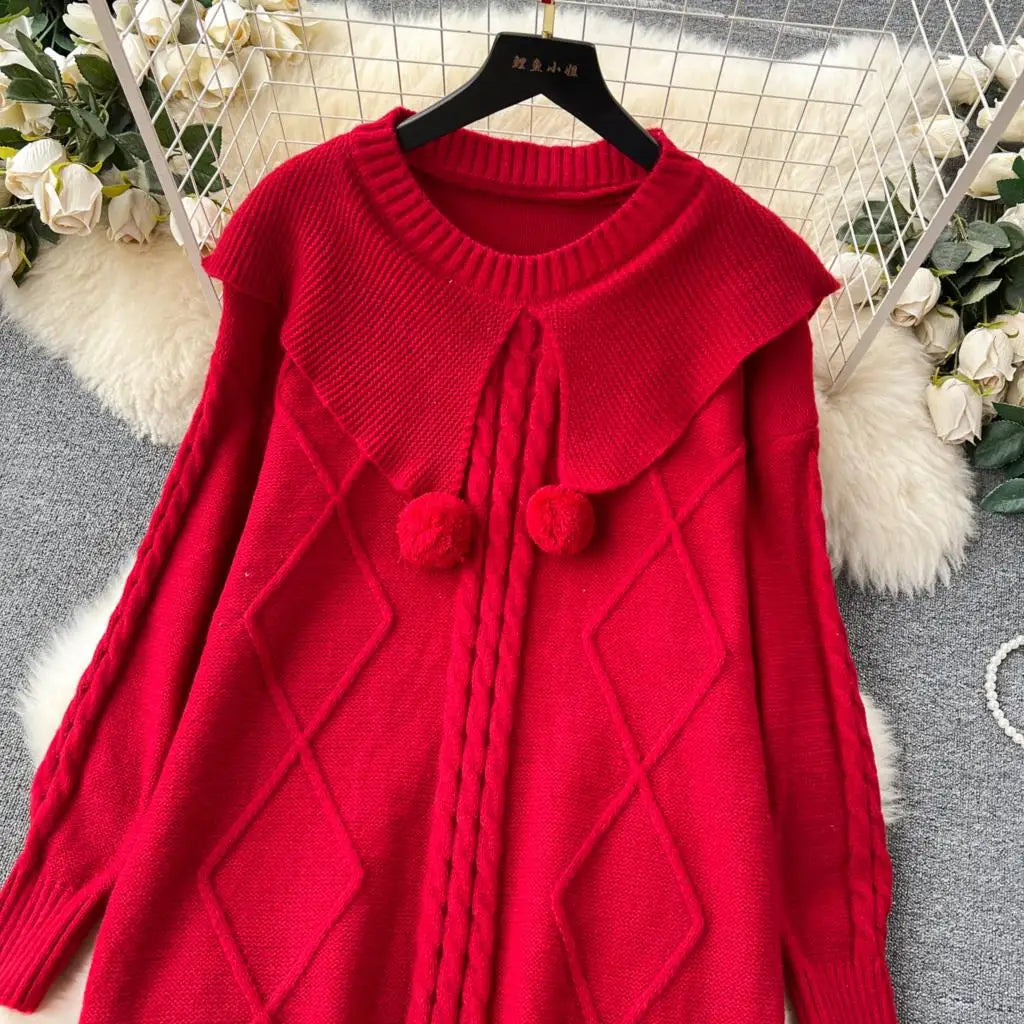 Y2k Sweet Knitted Dresses for Women Autumn Winter Christmas Sweater Loose Knitwears Mini Dress Korean Fashion Female Vestidos