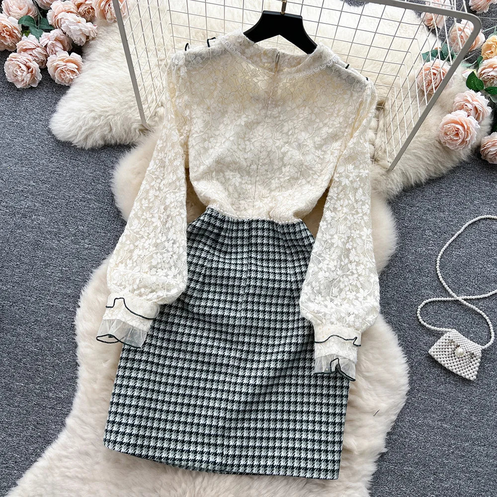 Winter Clothes Women Dresses Long Sleeve Lace Patchwork Textured Tweed Dress Ruffled Trim Lapel Collar Bow Elegant Mini Dress