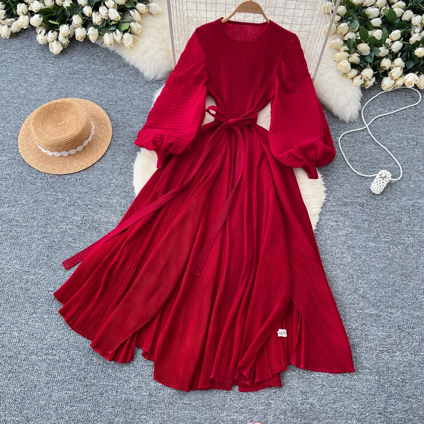 Vintage Elegant Lantern Sleeve Sweet Pleated Dress Women Basics Fashion Summer Spring Dresse