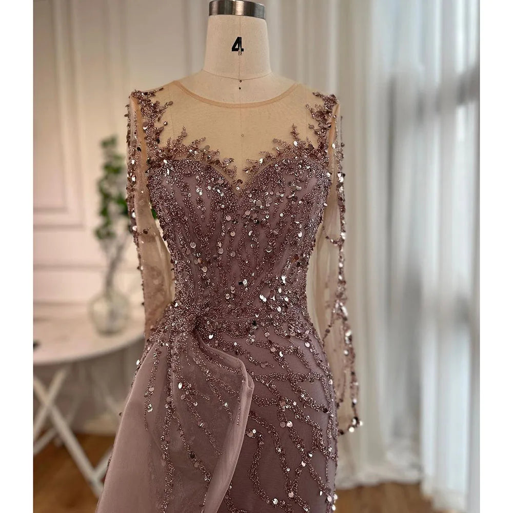 Serene Hill Blue Long Sleevele Elegant Mermaid High Split Evening Dresses 2024 Women Party Gowns with Side Skirt LA72044