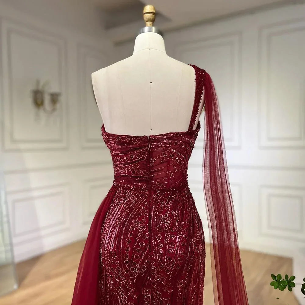 SERENE HILL 2024 Green One Shoulder Mermaid Evening Dresses With Cape Sideskirt Luxury Gown For Women Wedding Party GLA72472