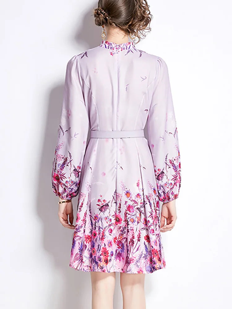 Spring Dresses 2024 Women Clothing Long Sleeve Party Elegant Dress With Belt Stand Collar Vintage Floral Print Holiday Dress