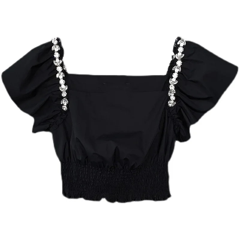 Heavy Industry Diamond Decorated Black Square Neck Cropped Shirt Women's Summer Elegant Temperament Waist Fold Bubble Sleeve Top