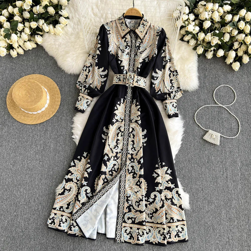Retro Printed Party Dress Women Polo Collar Long Sleeve Elegant Long Dresses Spring Autumn French Single Breasted Shirt Dress