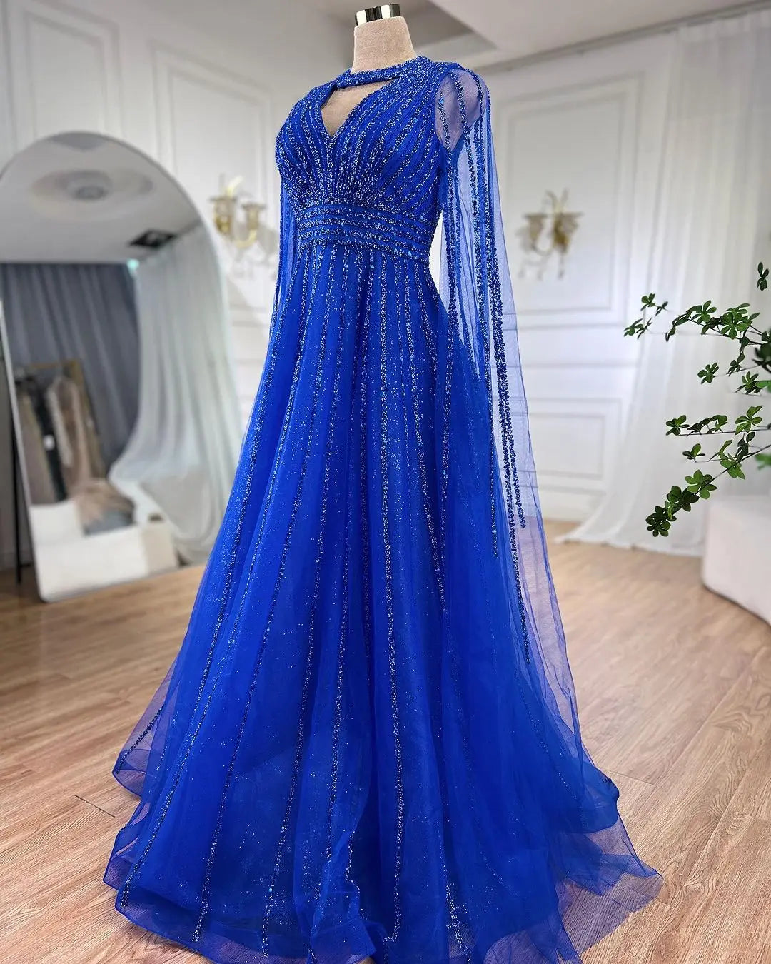 SERENE HILL 2024 Arabic Caramel A-Line Cape Sleeves Beaded Evening Dresses Luxury Gowns For Women Wedding Party GLA72171