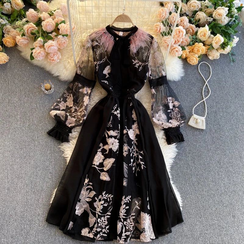 Retro Print Floral Embroidery Elegant Lace Up Dress A-line Long Sleeve Casual O-neck High Waist Dress Women Ceremonial Dress