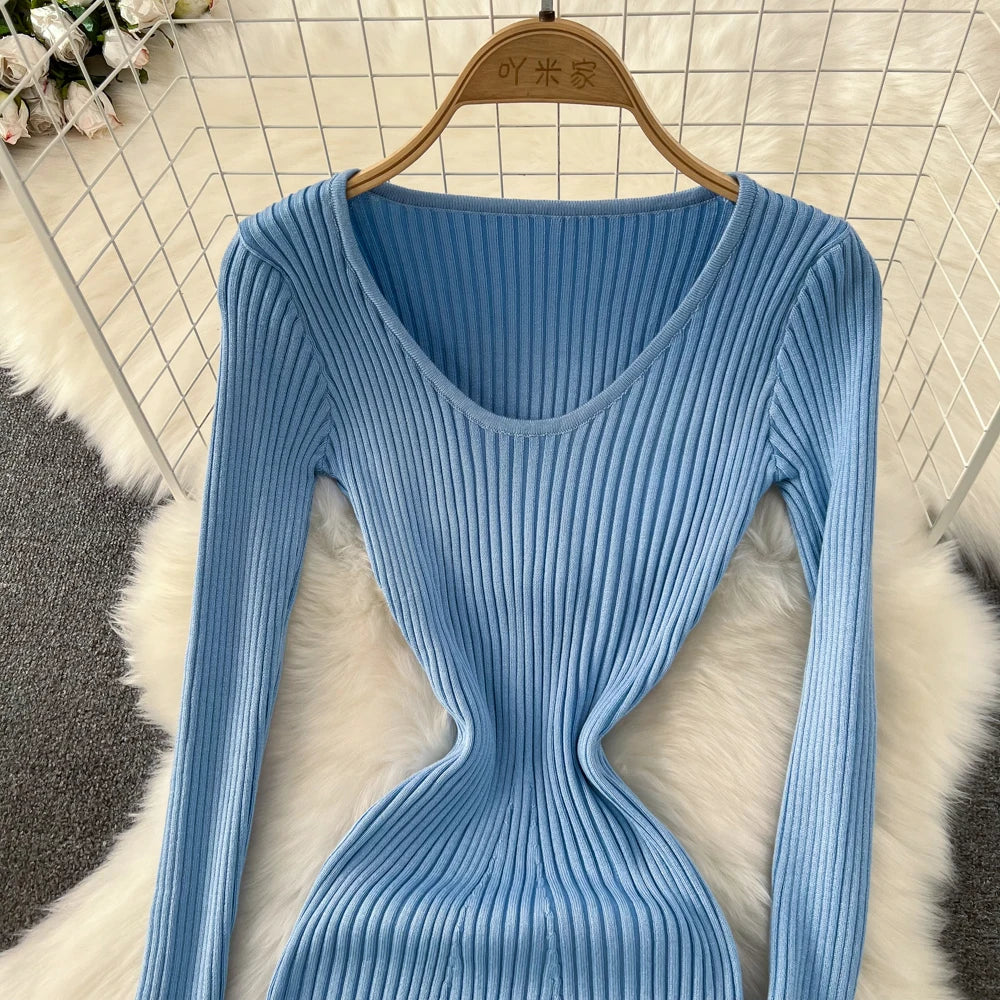 Women Chic Elegant Long Sleeve Bodycon Vneck Dress Sexy French Fashion Knit Wrap Vestidos Elastic Slim Pencil Sweater Dress