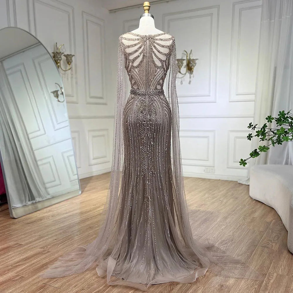 Serene Hill Brown Mermaid Elegant 2024 With Cape Sleeves Beaded Luxury Evening Dresses Gowns For Women Party LA70638