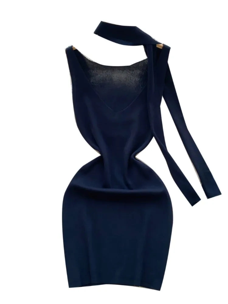 Sexy V-Neck Knitted Mini Dress for Women Elegant Spaghetti Strap Ribbon Slim Dresses One Piece Solid Female Clothes Autumn New