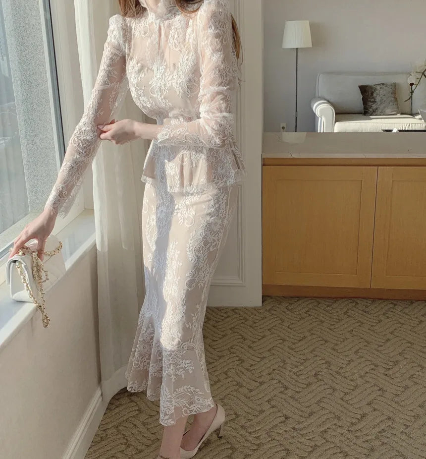 Elegant and Slim fitting Semi Transparent Lace Set Women's Spring Temperament Long Sleeved Top+Long Fishtail Skirt Two-piece