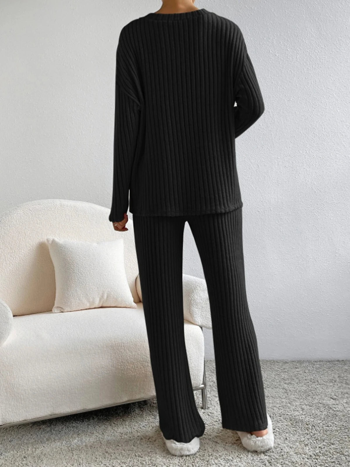 Pit striped Knitted Two Piece Set for Women Spring Solid Casual 2-piece V-neck Pullover Sweater+Straight Leg Pants Trendy Female