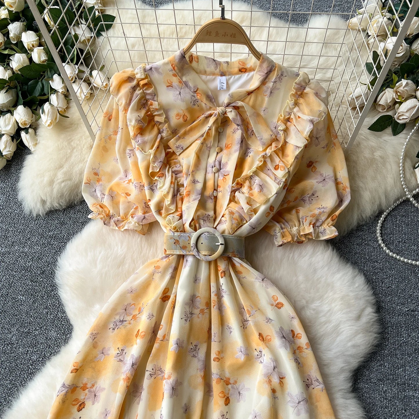 French Vintage Ruffle print chiffon Bandage Bow Puff Sleeves short Sleeves Dress Casual Women Fashion summer dresses
