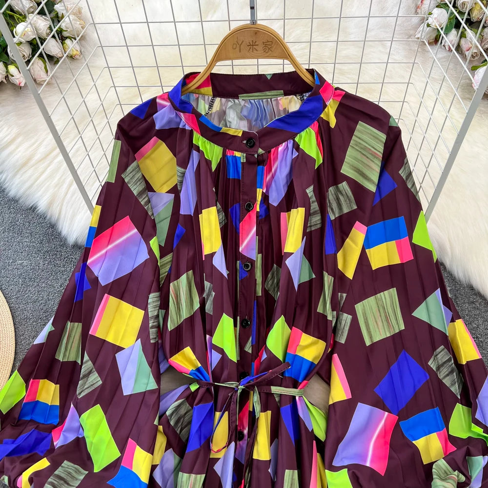 Elegant Women Casual Floral Print Party Dress Vintage Lantern Sleeve A-Line Pleated Prom Birthday Clothes Female Fashion Robe